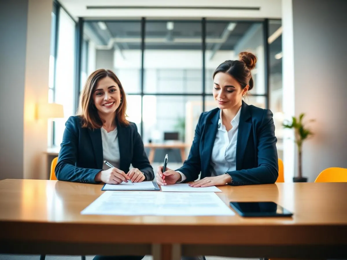 Two professionals signing an employment agreement at a table in a bright office