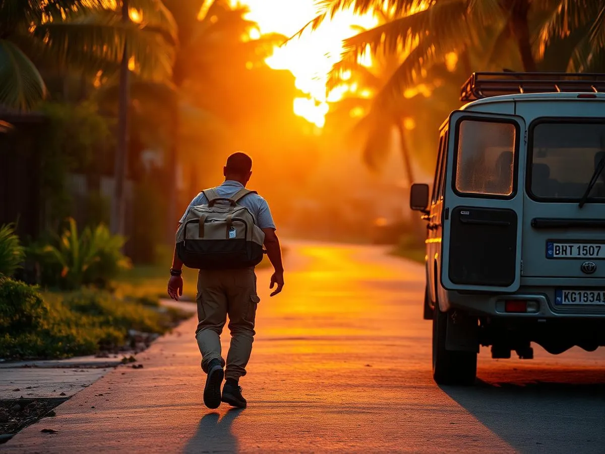 A rotation worker with a duffel bag walking toward a waiting vehicle at sunrise
